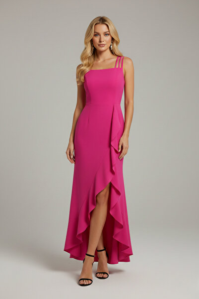 KHİ-ZAİ Women's Rope Strap Volan Detailed Long Y Slit Evening Dress