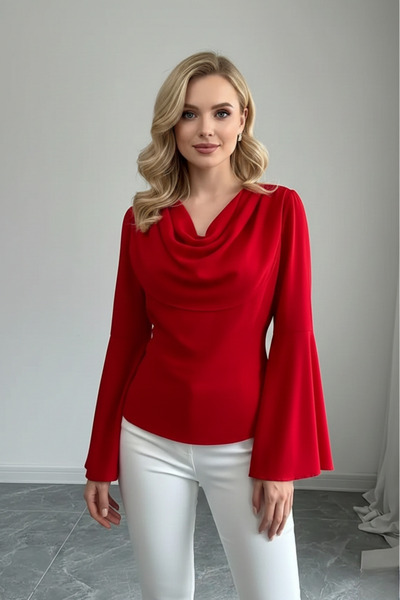 KHİ-ZAİ Women's Degaje Collar Spanish Sleeve Belted Blouse