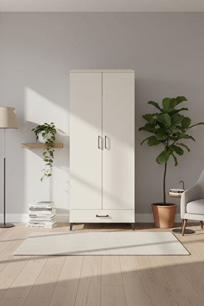 EnTrendMobilya Silva Dolap 5 Raflı Tek Çekmeceli 2 Kapaklı 88x30x221 Aytaşı