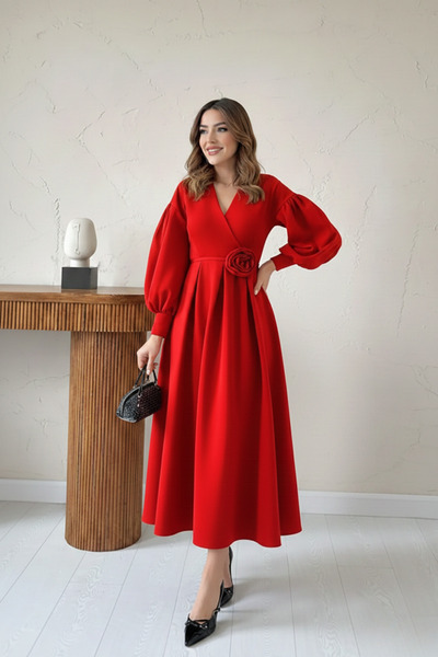 İntive Lingerie Women's Rose Detail Balloon Sleeve Double-Breasted Neckline P...