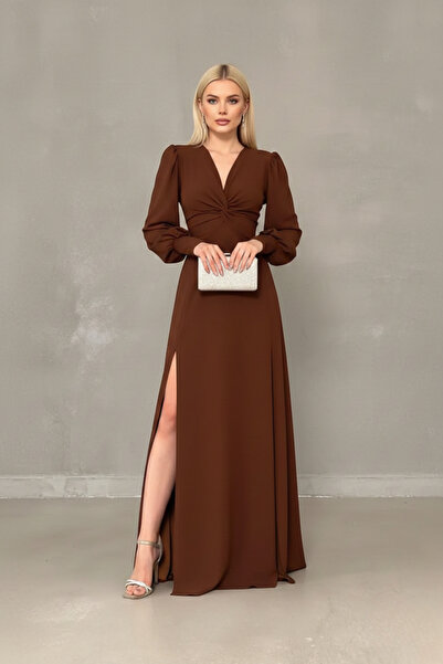 İntive Lingerie Women's Crepe Fabric Front Knot Detail Maxi Length Long Sleev...