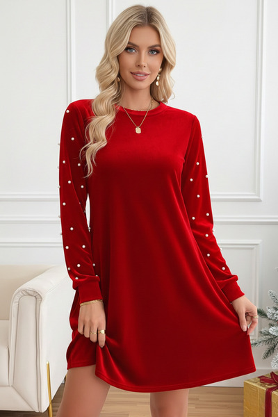KHİ-ZAİ Women's Pearl Detail Round Neck Long Sleeve Velvet Fabric Dress