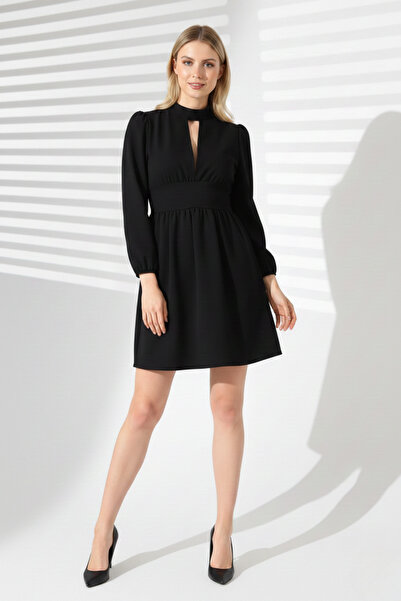KHİ-ZAİ Women's Long Sleeve Low-Cut Zipper Crepe Fabric Dress