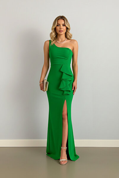 İntive Lingerie فستان سهرة نسائي بكتف واحد من قماش الكريب المستورد مع كشكشة