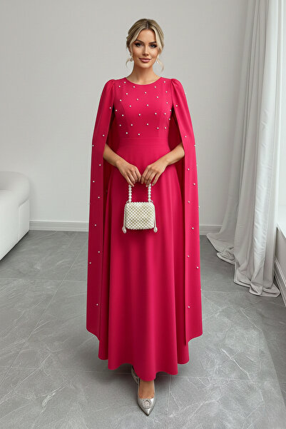 KHİ-ZAİ Women Cape Sleeves Pearl Detail Waist Belted Round Neck Crepe Fabric ...