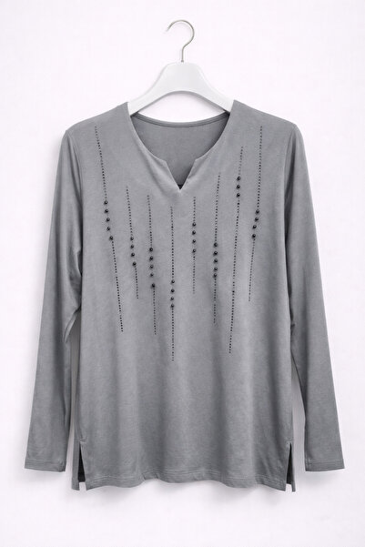 günay boutıque V-Neck Long Sleeve Blouse – Gray