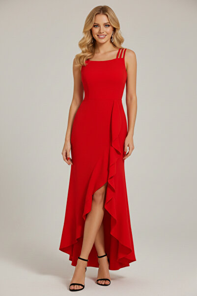 KHİ-ZAİ Women's Rope Strap Volan Detailed Long Y Slit Evening Dress