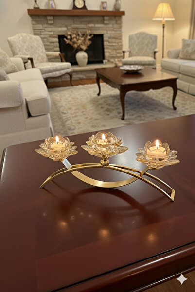 MİS KİTCHEN Altın Lotus Üçlü Cam Şamdan | Kristal Detaylı Dekoratif Mumluk – ...