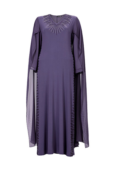 MİYORO Large Size Evening Dress with Side Stitching and Stone Detail