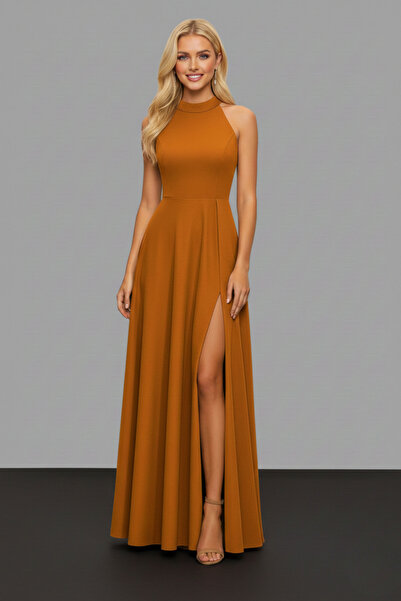 İntive Lingerie Women's Off-The-Shoulder Slit Crepe Fabric Maxi Length Evenin...