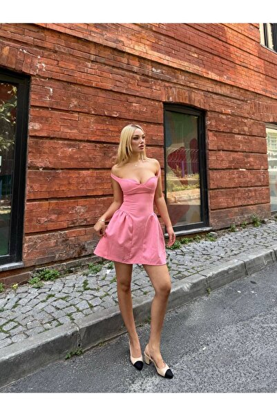 NEW JOURNAL Γυναικείο Ροζ Φόρεμα Με πεσμένους ώμους Mini Ποπλίνα YEL221712