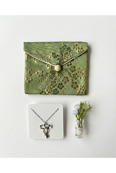 coquette butik Gümüş Renk Minimal Zarif Fiyonk Coquette Kolye ve Çiçek İşleme...