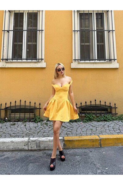 NEW JOURNAL Γυναικείο Κίτρινο Φόρεμα Με πεσμένους ώμους Mini Ποπλίνα YEL221712