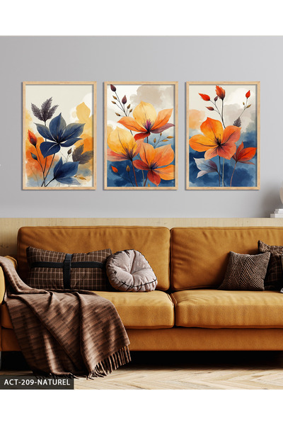 Evinemoda Flori colorate cu aspect de acuarelă, tablou din 3 piese cu ramă di...
