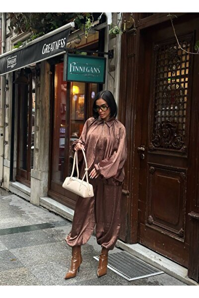 NEW JOURNAL Set jachetă-pantaloni din satin maro pentru femei texturat YEL221771