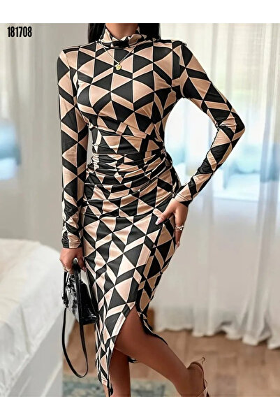 Viyamo Kadın Vücut Saran Midi Elbise Balıkçı Yaka Büzgü Yırtmaç Detay