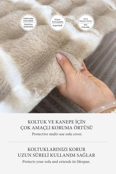 Evlen Home Collection Husă de lux pentru canapea, cu margini din blană, pluș moale, bază antiderapantă, 170x215 cm, crem cafea