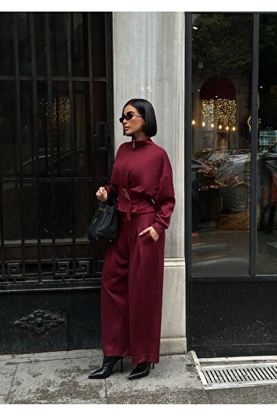 NEW JOURNAL Set de pantaloni și jachetă pentru femei, cu talie burgundy, cure...