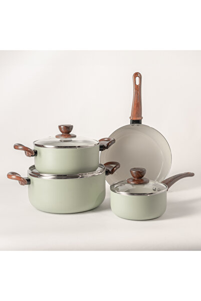 Alberto 7 Pcs non stick cookware set with glass lid green