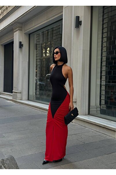 NEW JOURNAL Γυναικείο Μαύρο-Κόκκινο Δίχρωμο Φόρεμα Maxi Με σούρες YEL221755