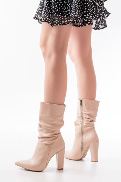 Zerenyus ZRİN-4815 Cizme de damă premium bej, cu toc înalt și gros, cu fermoar