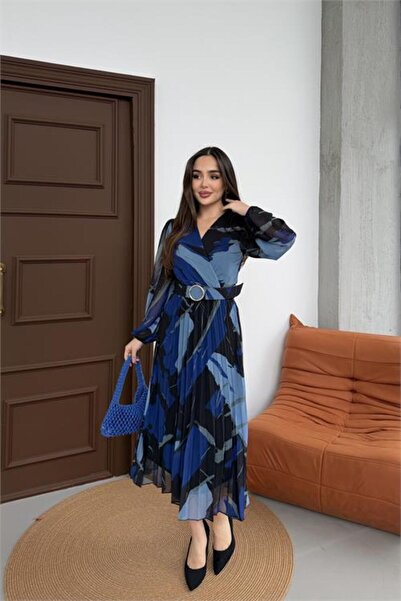 Neşeli Butik rochie de damă albastră cu curea în talie plisată decolteu petre...