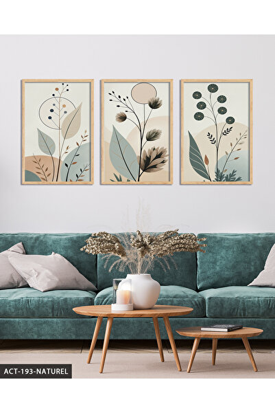Evinemoda Boho Tarzı Soft Yapraklar 3 Parça Ahşap Çerçeveli Tablo ACT