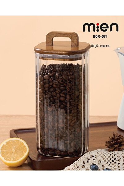 MİEN Acacia Square Vacuum Lid Striped Jar 1500ml