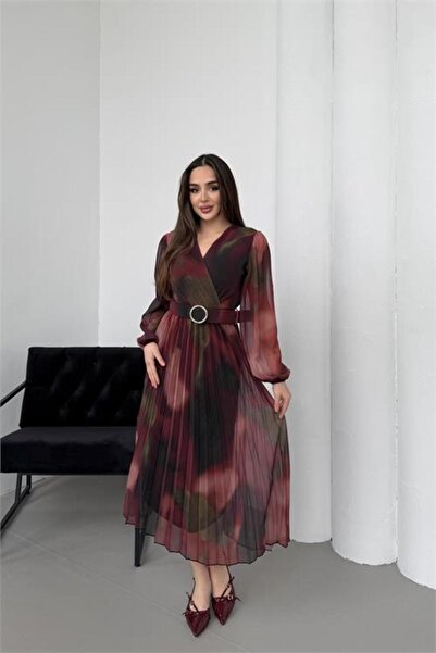 Neşeli Butik Women's Burgundy Belted Pleated Double-Breasted Collar Chiffon D...