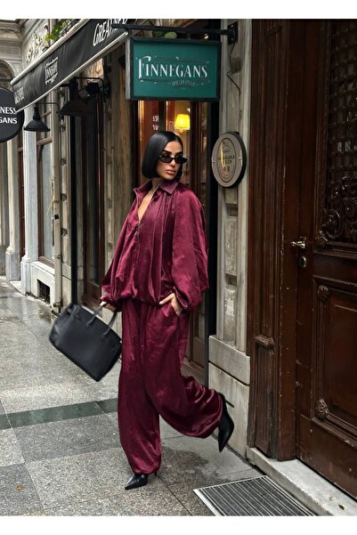 NEW JOURNAL Set jachetă-pantaloni din satin burgundy pentru femei texturat YE...