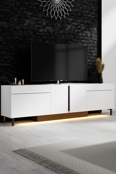 Modatte PARİS TV ÜNİTESİ LED IŞIKLI METAL AYAKLI MODERN BEYAZ TV SEHPASI