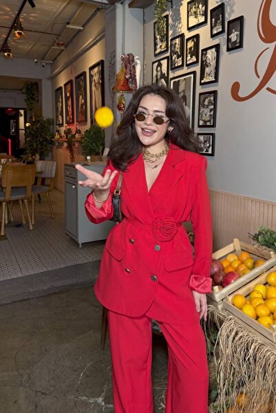 Potenza Women's Blazer Jacket Pants Set Accessory and Button Detail Wide Leg ...