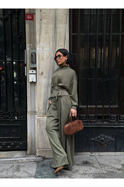 NEW JOURNAL Γυναικείο Σετ Παντελόνι-Σακάκι Χακί με Τσέπες Ζώνη τεμαχίων YEL22...