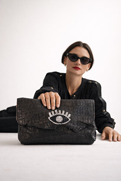 Sade Fashion Women's Nubuck Eye Detail Clutch Bag Black Crystal Stone Handmade