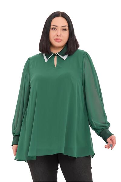 DISENTIS MODEST Plus Size Double Layered Chiffon Lined Emerald Green Blouse