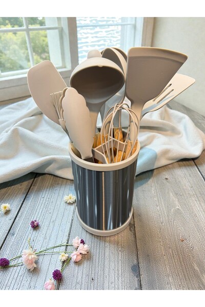 İnterlife 12Piece Wooden Handle Silicone Cooking Utensil Set with Rotating St...