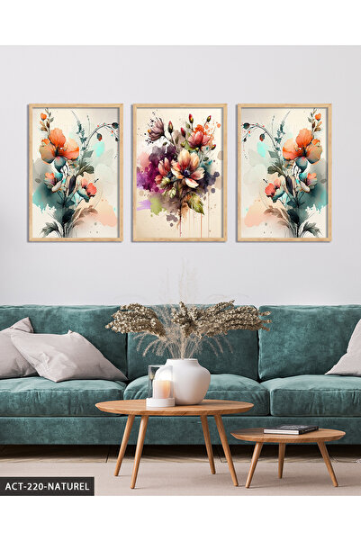 Evinemoda Sulu Boya Görünümlü Renkli Çiçekler 3 Parça Ahşap Çerçeveli Tablo ACT