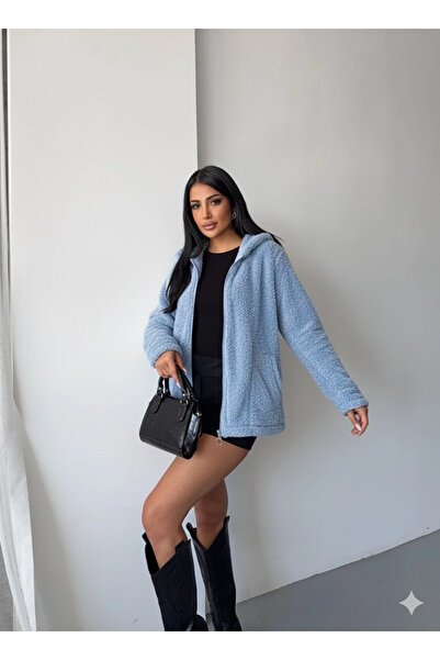 hazelin Women's Blue Welsoft Stretch Fabric Plush Soft Front Zipper Hooded Ja...