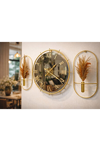 Mgs DUVAR SAATİ - LAWİ GOLD BRONZ ROMA SET AYNALI DUVAR SAATİ