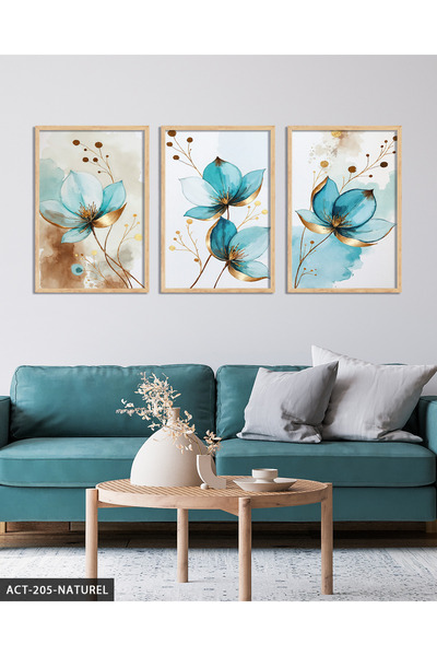Evinemoda Tablou cu ramă din lemn în 3 piese, cu floare albastră și detalii a...
