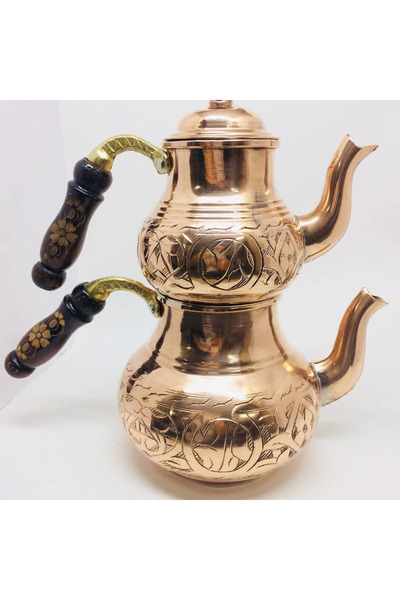 Generic طقم إبريق شاي تركي مزدوج مصنوع يدويًا - لون نحاسي، قطعتان