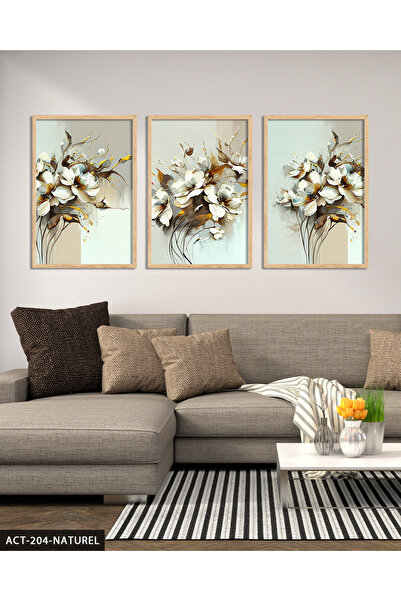 Evinemoda Yağlı Boya Görünümlü Beyaz Çiçek 3 Parça Ahşap Çerçeveli Tablo ACT