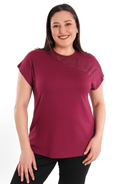 SERTUĞ Trend42Plus Shoulder Part Crystal-Studded Short Sleeve Plus Size Visco...