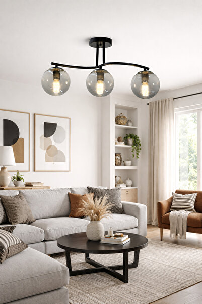 ESSLİGHT SİMAY 3 LÜ PLAFONYER FÜME GLOB CAMLI SALON MUTFAK YATAK ODASI AVİZE
