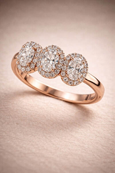 OSMANLI GÜMÜŞ Kadın Gümüş Yüzük - Rose Kaplama Oval Üç Zirkon Taşlı Gümüş Yüzük