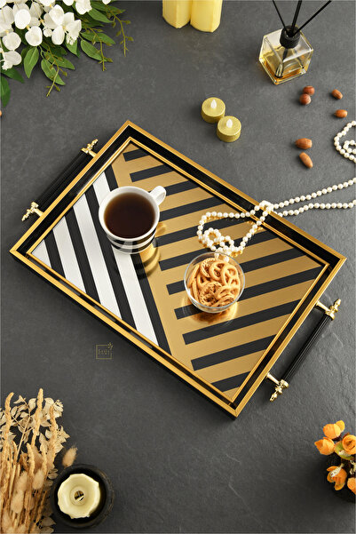 Leila Geometric Patterned Gold-Black Framed Luxury Presentation Tray 46X28 cm...
