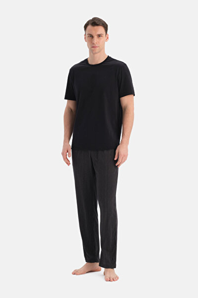 Dagi Μαύρο ριγέ χτενισμένο βαμβακερό παντελόνι Modal