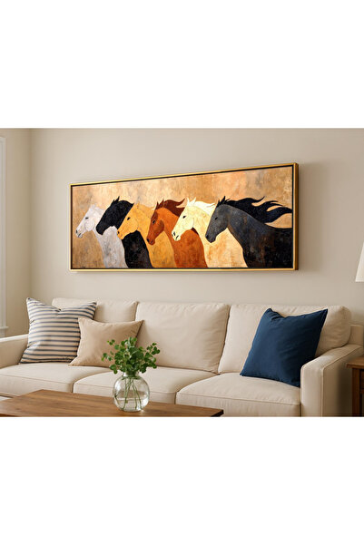 woodhomeworks Tek Parça Gerçek Ahşap Yatay Panorama Çerçeveli Tablo atlar