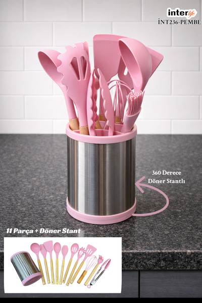 CHANCE GİFT Bamboo Handle Silicone Tip Kitchen Utensil Set with Rotating Stan...