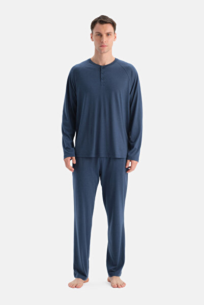 Dagi Navy Blue Reglan Long Sleeve Basic T-Shirt Pants Pajama Set